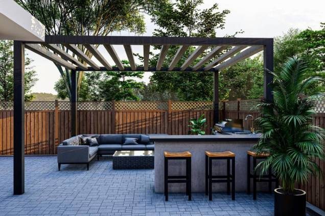 Dark pergola frame over an outdoor kitchen.